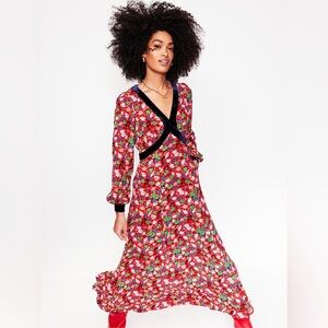 Boden Velvet Trim Maxi Tea Dress in the "Bright Ruby, Floral Burst" Size 6